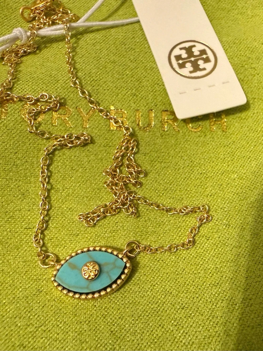 Tory Burch Gold Chain Necklace with Turquoise Color Evil Eye Pendant